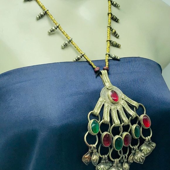 Pendant Necklace, Tribal Big Pendant With Red and Green Glass Stones and Beaded - Picture 4 of 11